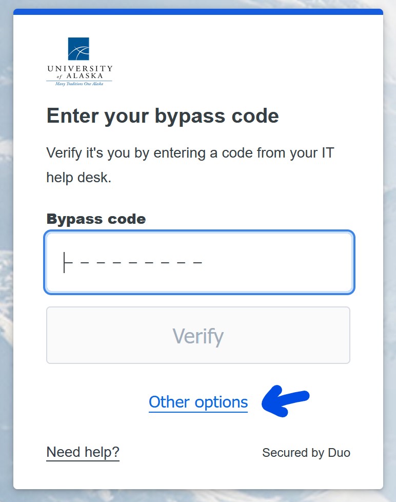Screenshot of Duo Prompt with an arrow pointing to Other Options link.