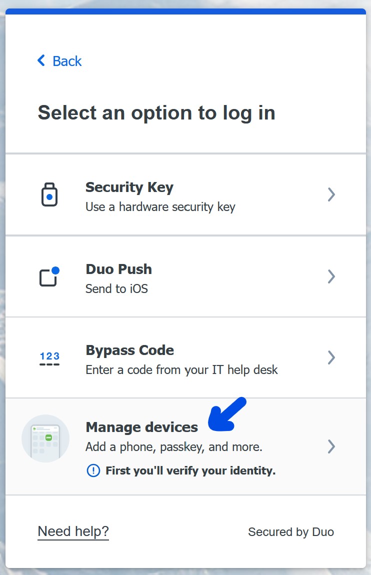 Screenshot of Duo Prompt with an arrow pointing to Manage Devices button.