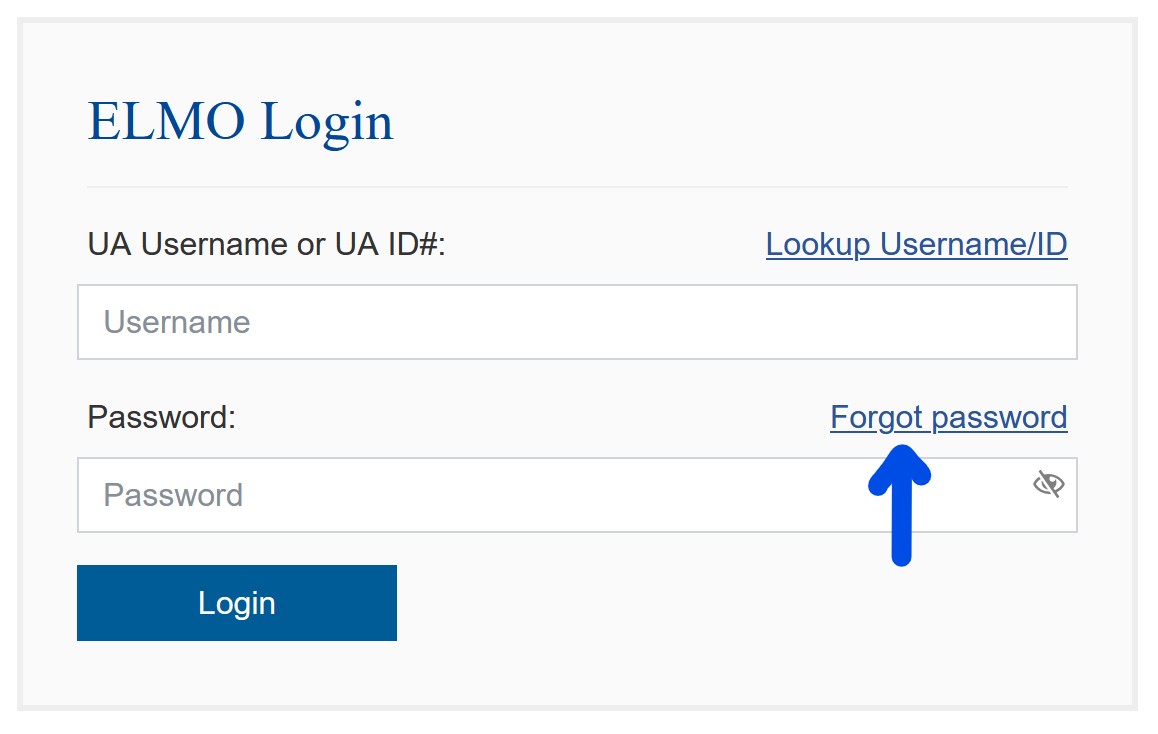 Screenshot of ELMO login page with an arrow pointing to the Forgot Password link.