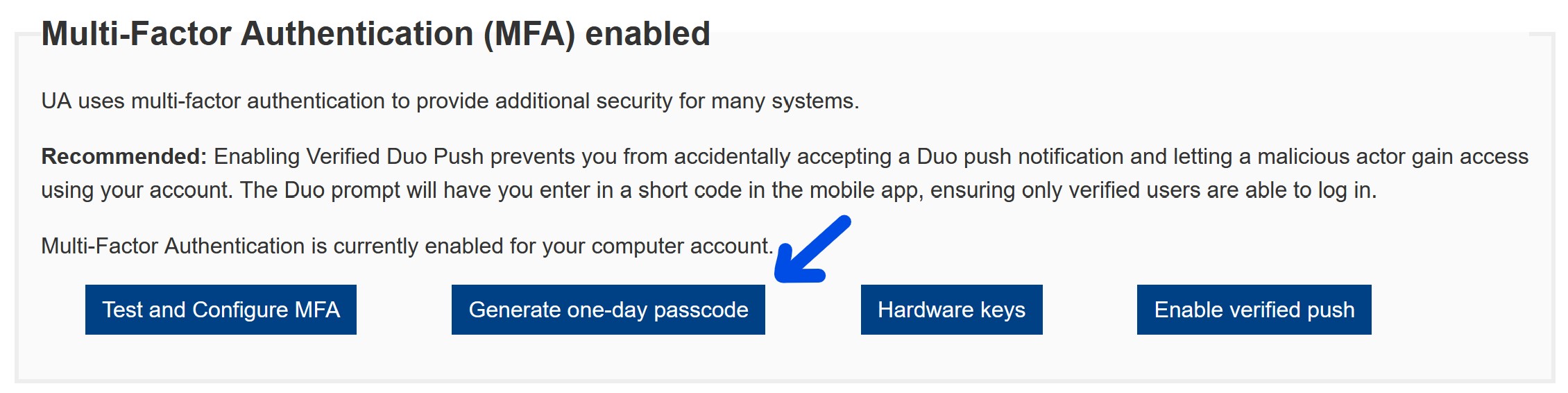 Screenshot of the ELMO security settings tab with a blue arrow pointing to the 'Generate one-day passcode' button.