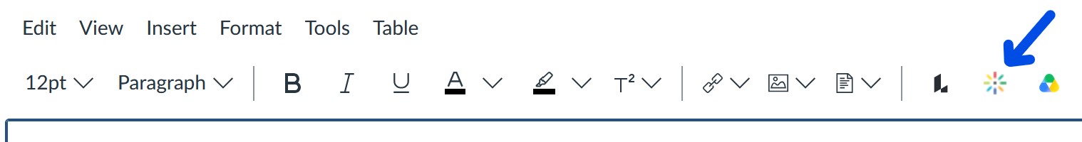 A screenshot of the Page Edit interface in Canvas. A blue arrow is pointing to the "Embed Kaltura Media" button.