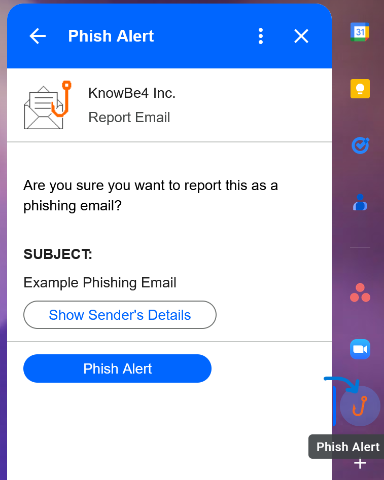 A screenshot of the phish alert button and interface within gmail.