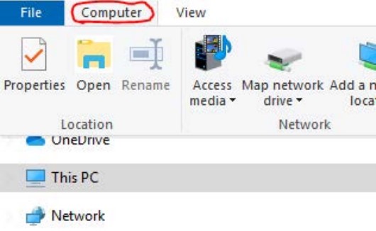 File explorer with "This PC" selected. Computer tab is circled at the top of the window, and below it is a list of options, the fifth option is map network drive.