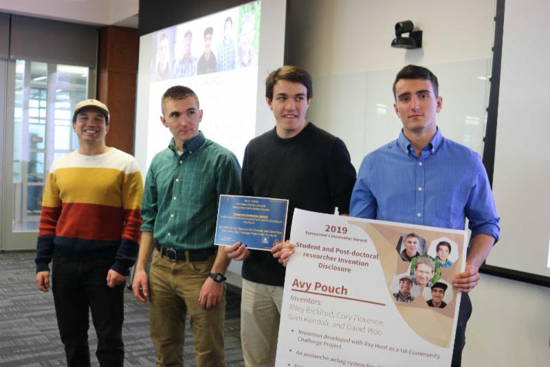 Tomorrow's Innovator Award winners for Top Young Innovator(s). The Avy Pouch team, a UA Community Challenge Project. Cory Florence, Riley Bickford, David Woo, and Sam Kendall. Photo by Amanda Byrd.