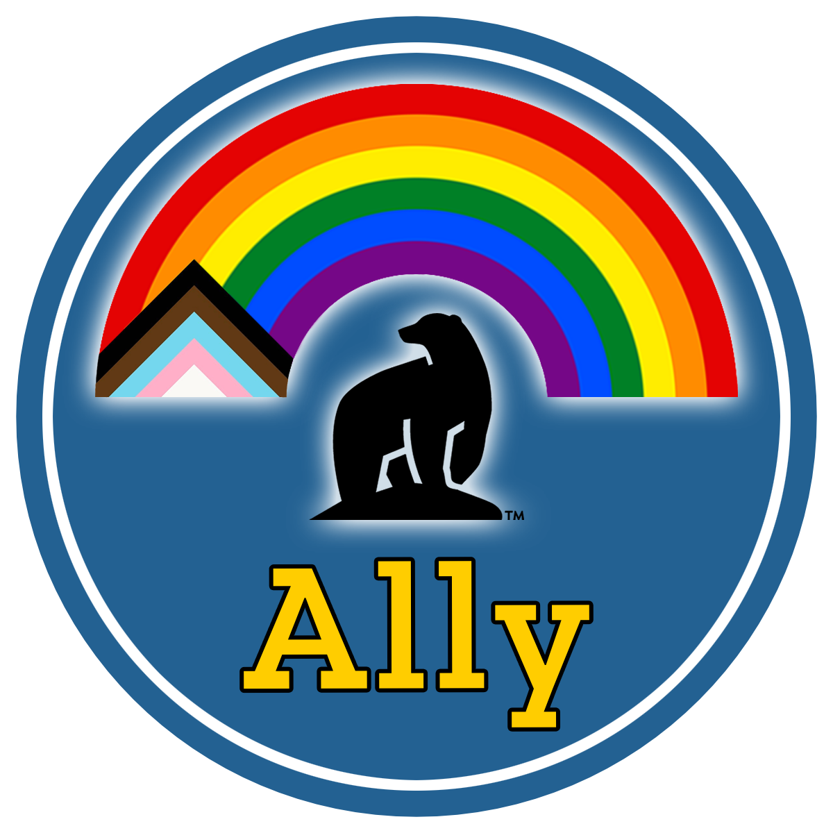 Circular blue email badge with black nanook bear and the word Ally under an arched pride flag