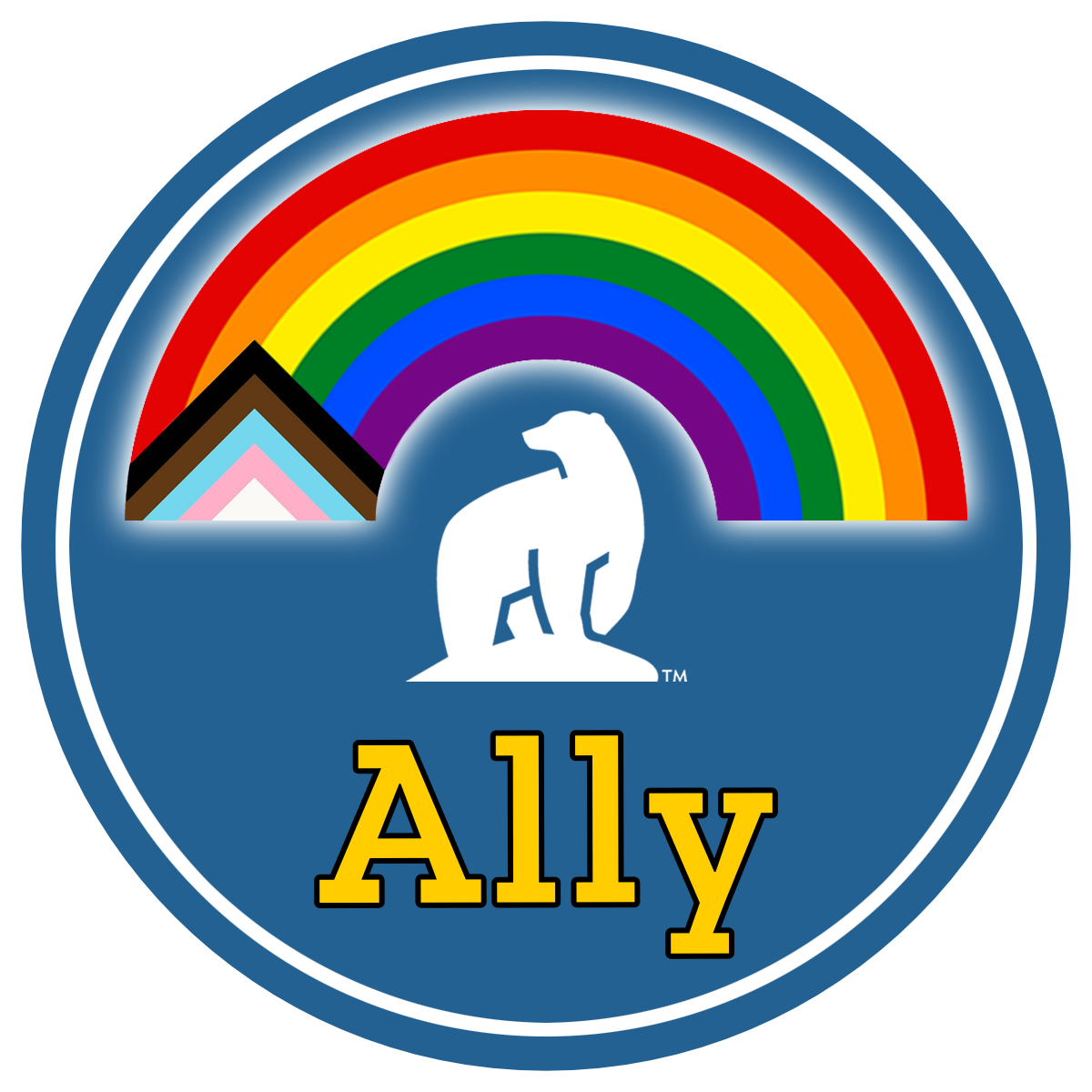 Circular blue email badge with white nanook bear and the word Ally  under an arched pride flag
