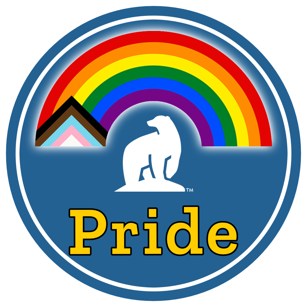 Circular blue email badge with white nanook bear and the word Pride under an arched pride flag