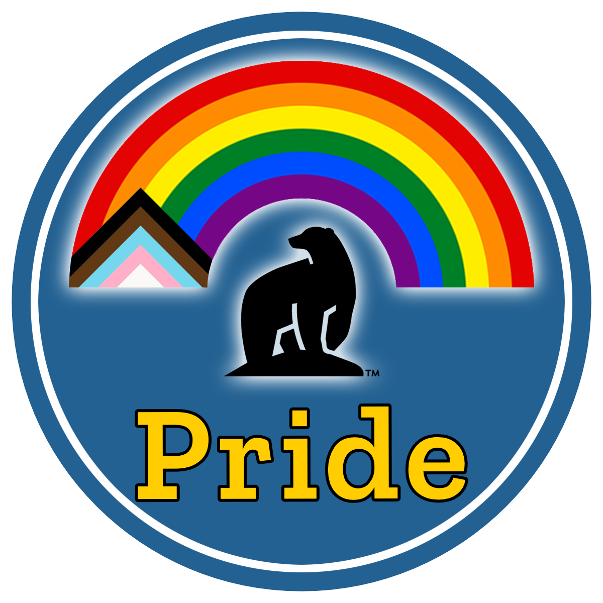 Circular blue email badge with black nanook bear and the word Pride under an arched pride flag