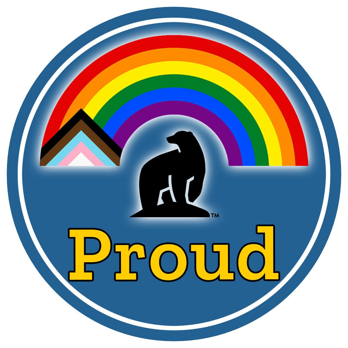 Circular blue email badge with black nanook bear and the word Proud under an arched pride flag