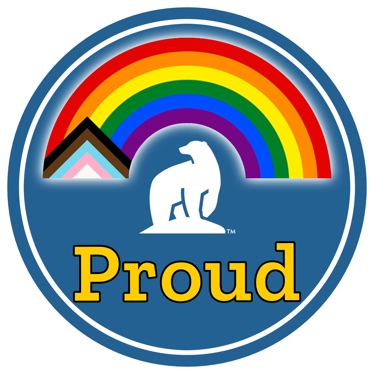 Circular blue email badge with white nanook bear and the word Proud under an arched pride flag