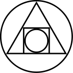 Simple line drawing of an alchemy symbol with a circle in a square in a triangle in a circle