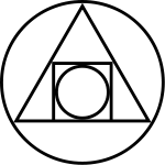 Simple line drawing of an alchemy symbol: circle in a square in a triangle in a circle