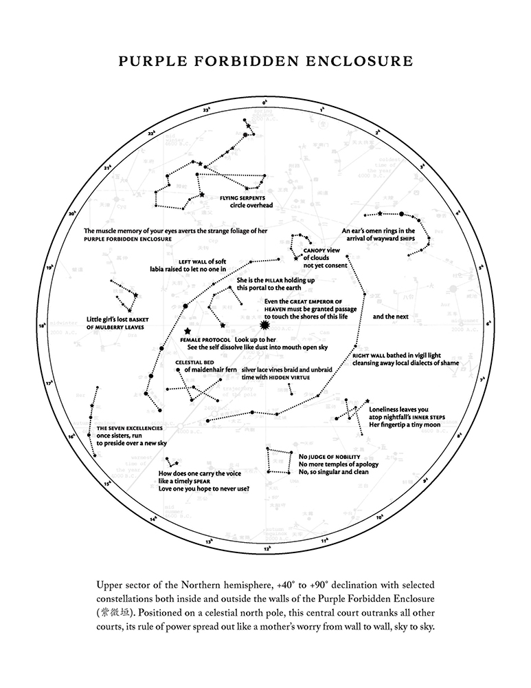 Black and white version of Purple Forbidden Enclosure, a circular depiction of constellations with poetry transcribed over top