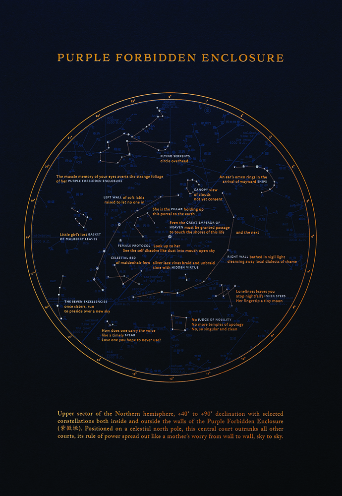 Full view of Purple Forbidden Enclosure, a silver and gold printed letterpress on imperial blue cover stock using constellations as an experiment for the layout of a poem