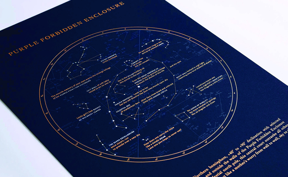 Purple Forbidden Enclosure, a letterpress broadside printed in gold and silver foil using constellations as an experimental poetic form | Photo Documentation by Tom Virgin