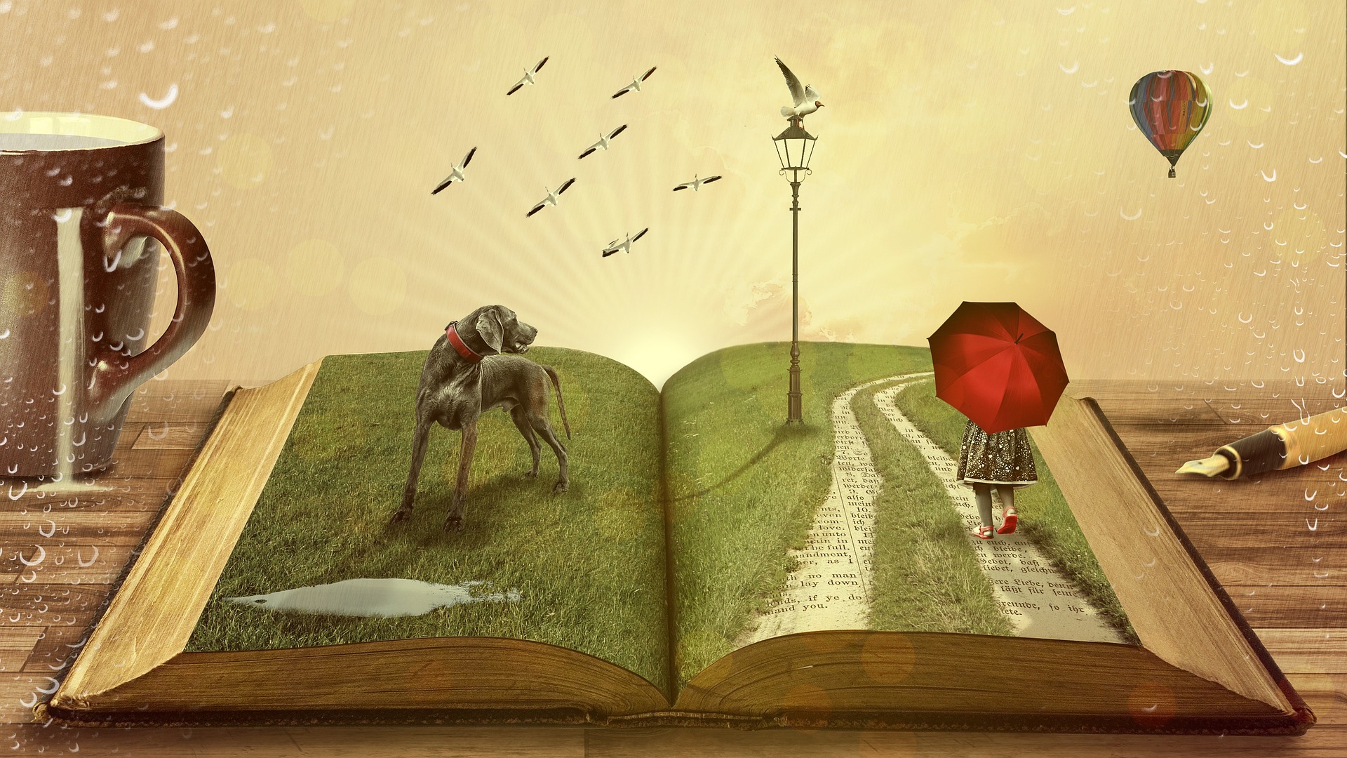 A surreal collage like art piece of a small dog and a girl holding an umbrella standing atop an open book whose pages are sprouting grass | Amy Jo Trier-Walker