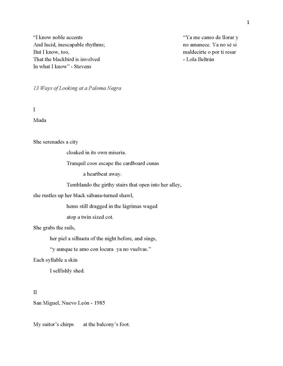page 1, translation of 13 Ways of Looking at a Paloma Negra