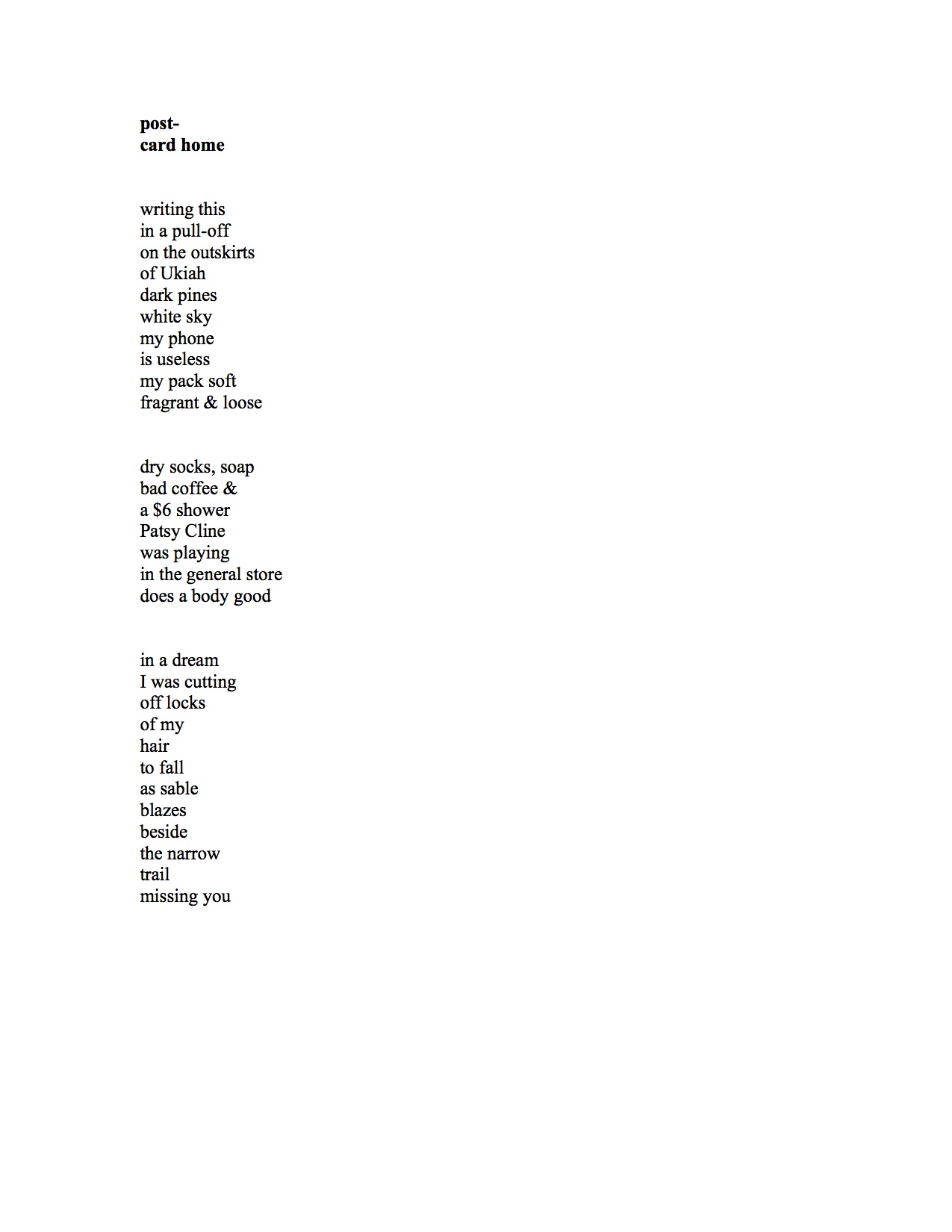 post-card home Formatted poem
