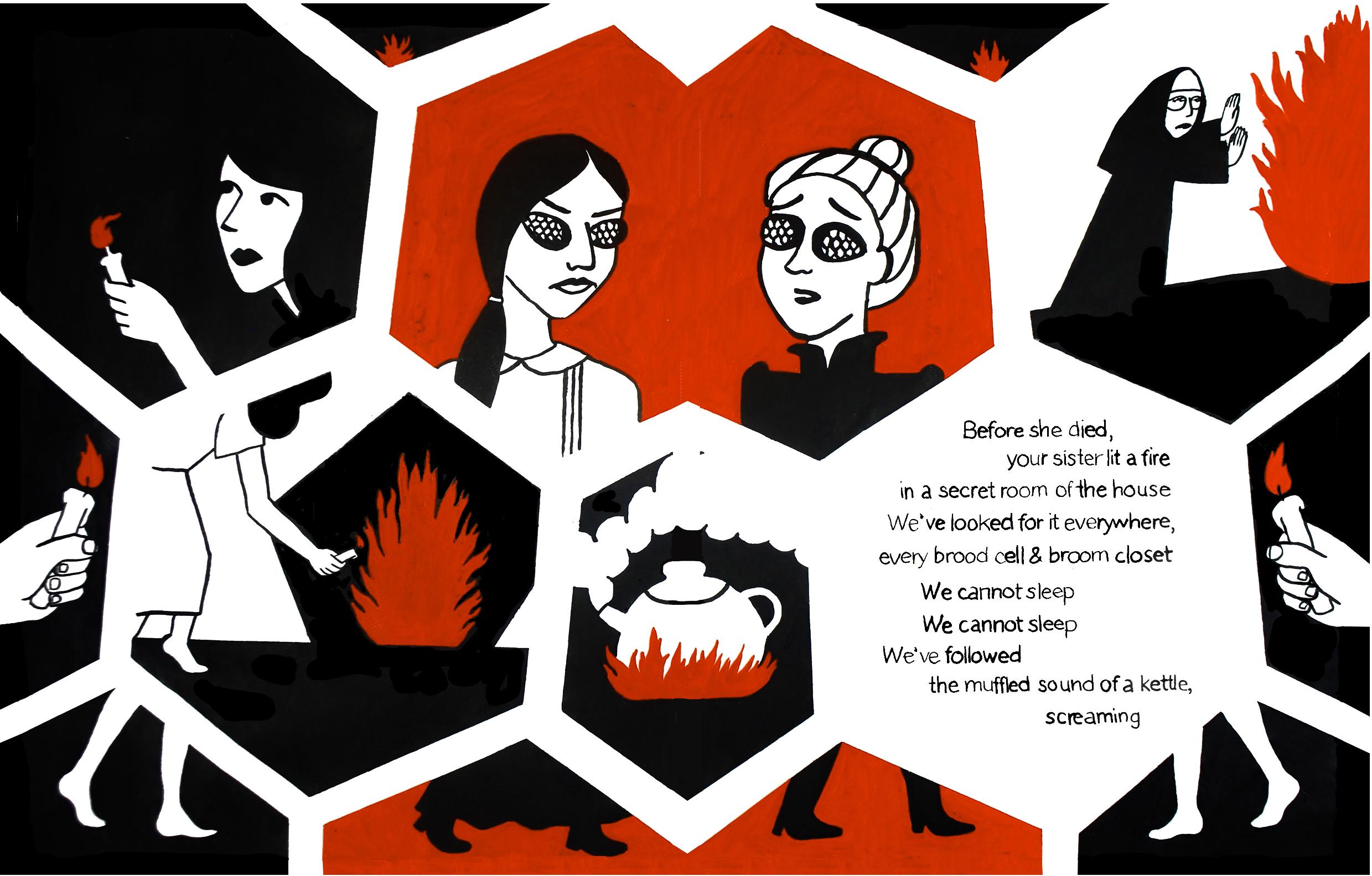 Red and black illustration of women and fire