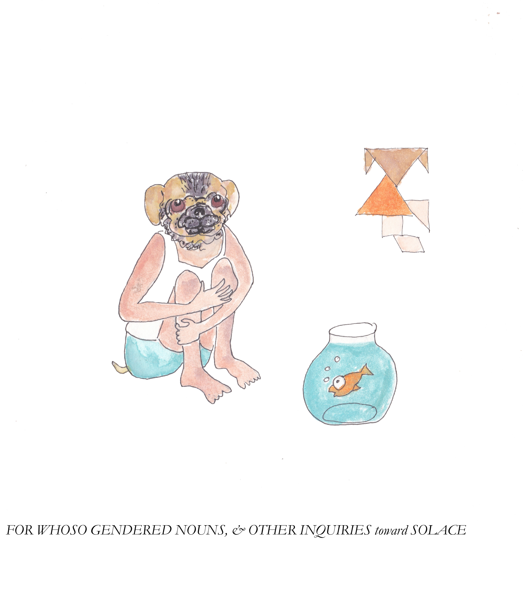 Tangrams Human with dog head sitting in front of a fishbowl