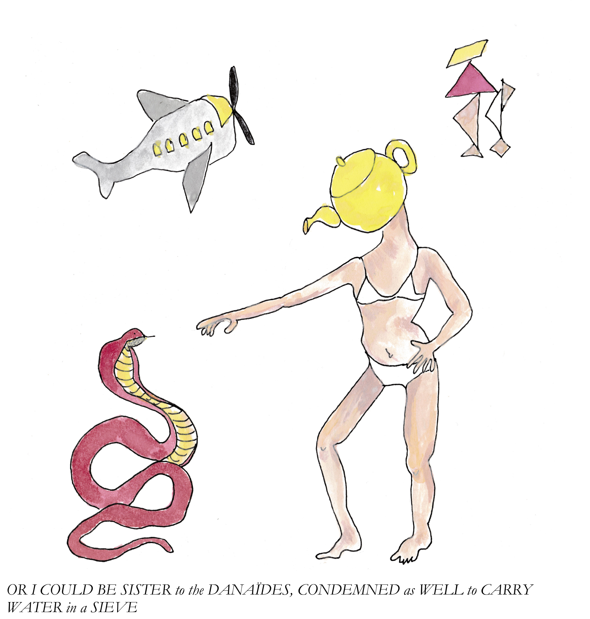 Tangrams Person with a tea kettle head pointing at a coiled snake in front of them