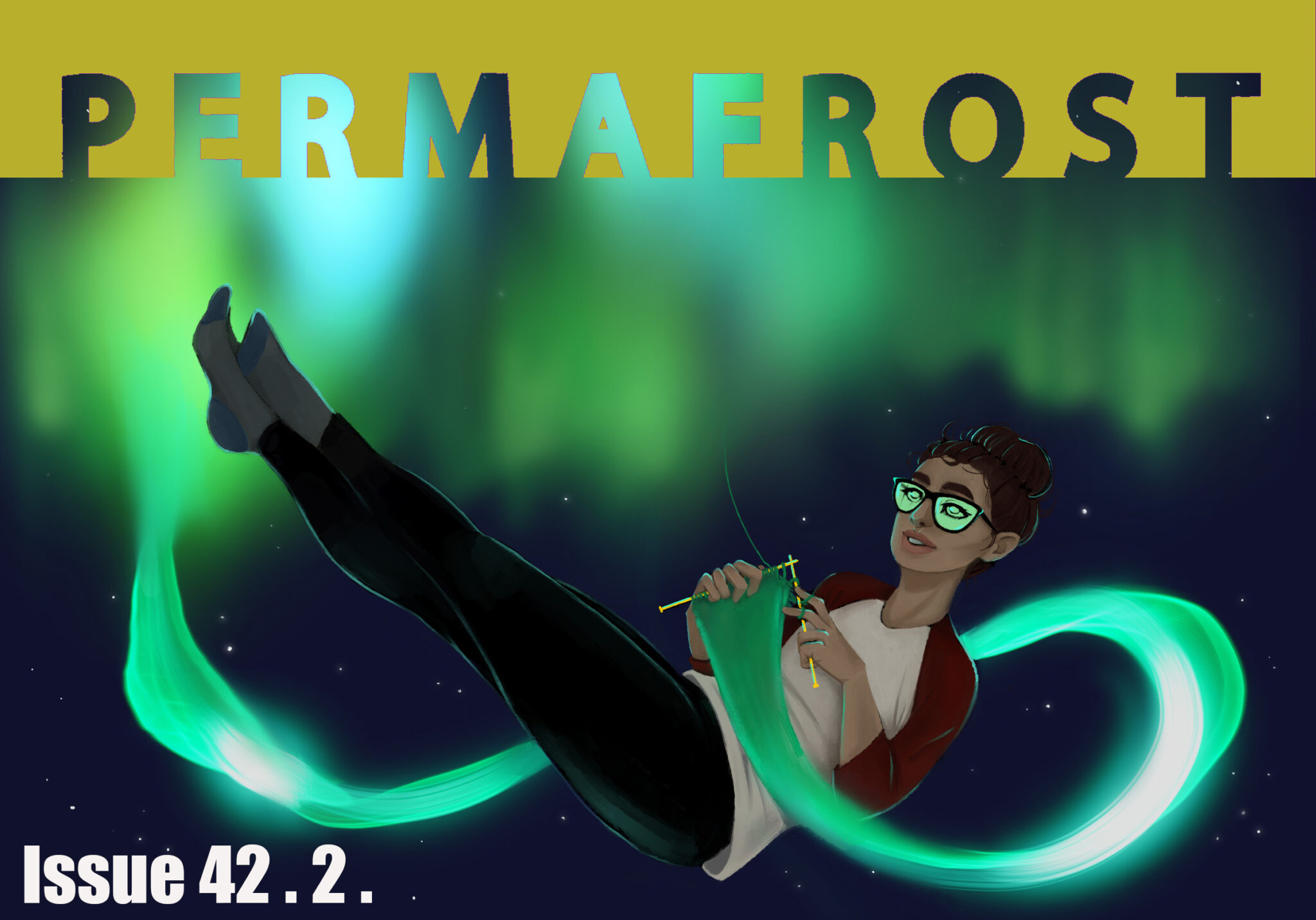 Permafrost 42.2 Graphic image of a woman floating in the air knitting the aurora