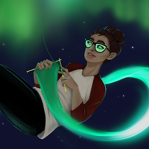 Woman in space knitting with aurora by Isabel Miller