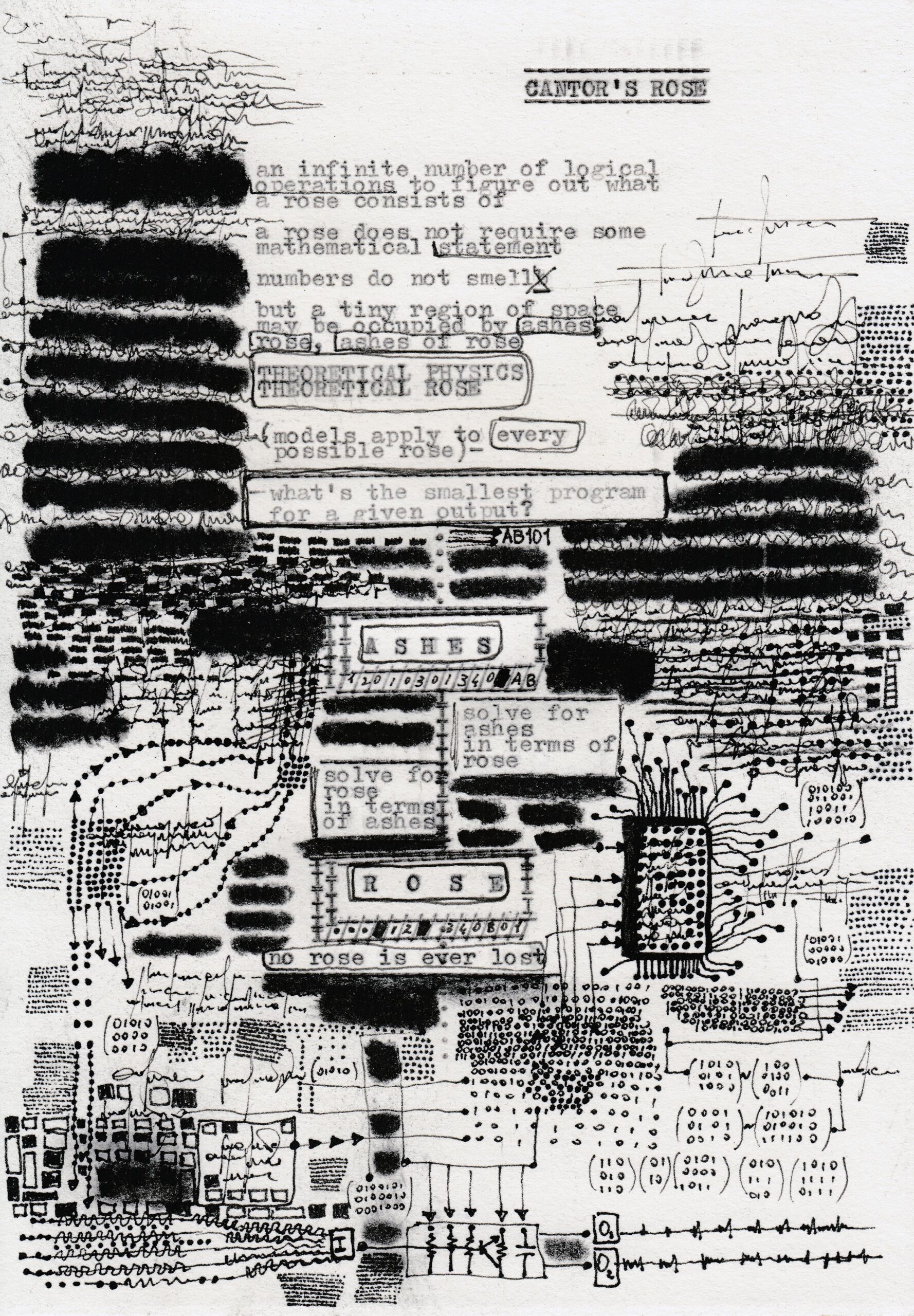 Poem overlaid and interconnected with science and math-based sketches, matrices and schematics by Frederico Federici