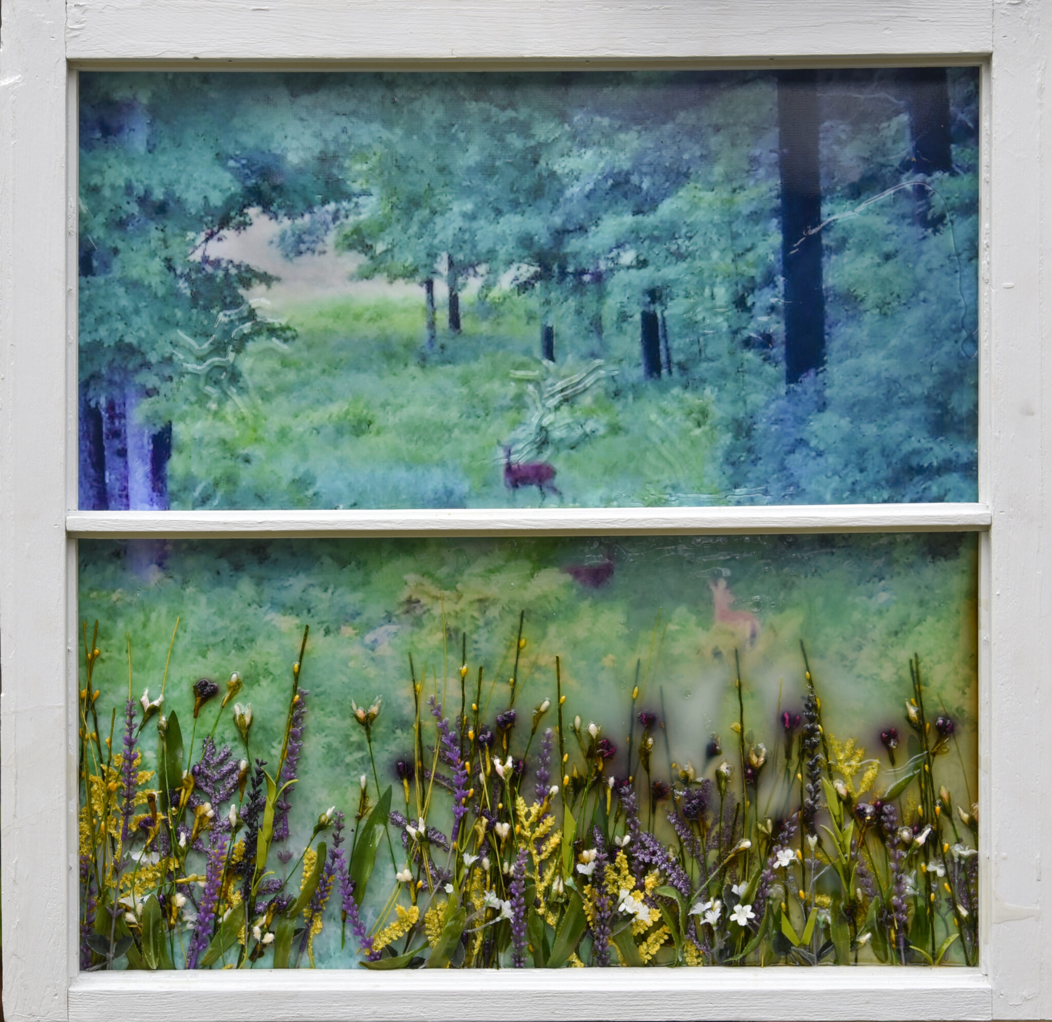 Summer in Marlow Acrylic sculpture of a window pane with landscape and flowers on the glass | Art by Danielle O'Hanlon