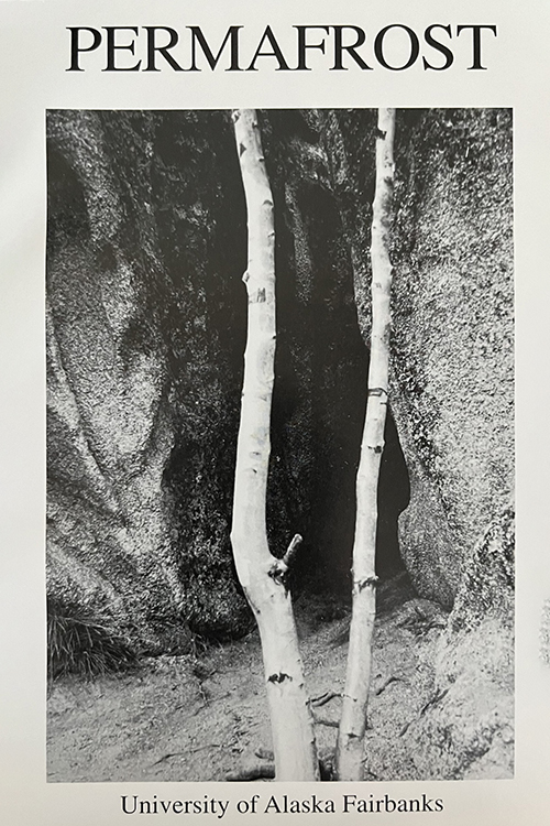Black and white photo of two tree trunks