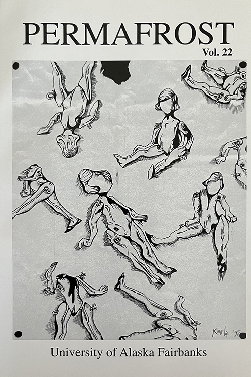 Black and white drawing of dolls