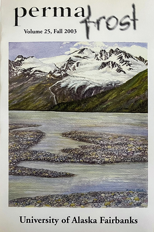 Colored drawing of a mountain range with a river in the foreground