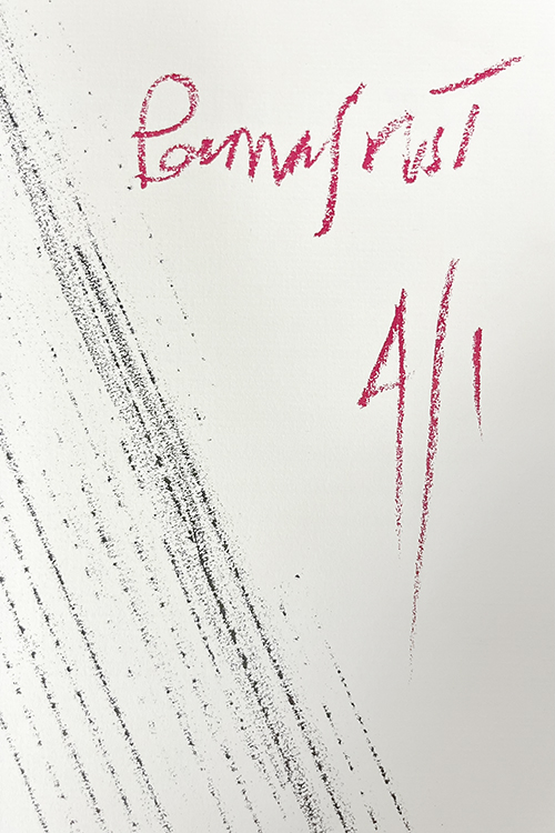White cover with graphite markings and title written in red grease pencil