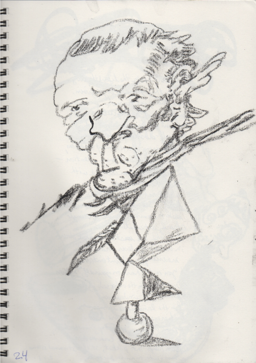 Loose pencil sketch of the face of an older man balanced on geometric shapes by Dale Williams