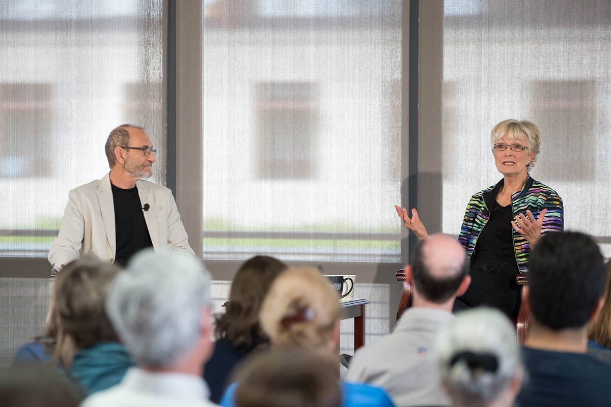 A conversation between Chris Field and Fran Ulmer at the Stanford Woods Institute in Stanford, CA on April 4, 2018. Photo credit: Stanford Woods Institute