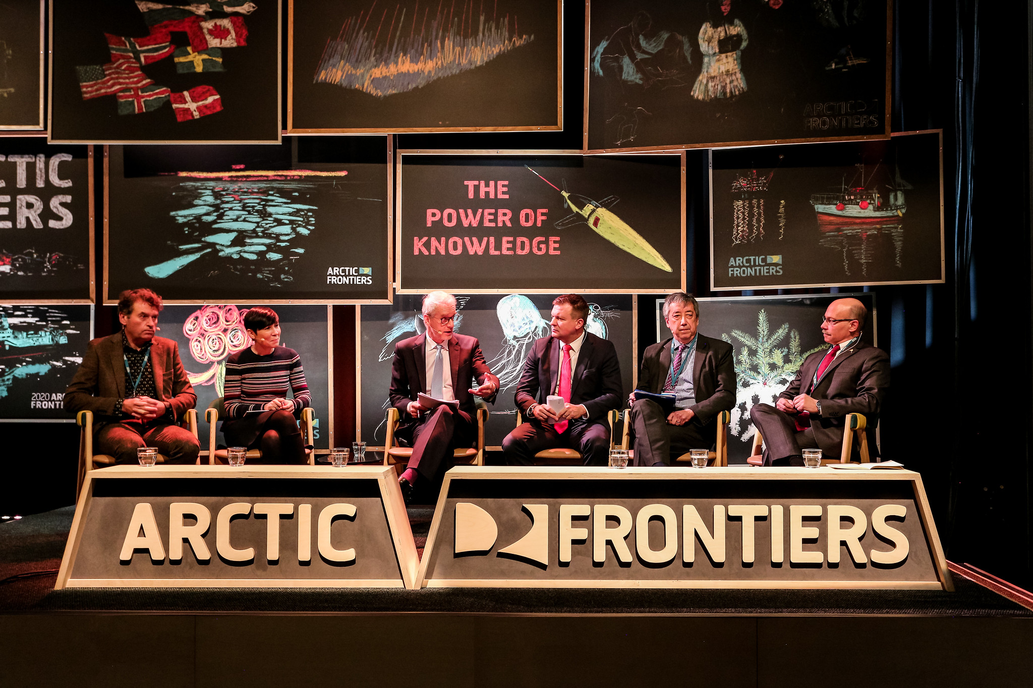 From Arctic Frontiers 2020. Plenary session 1 - The State of the Arctic. From left to right: Mat Collins, Joint Met Office Chair in Climate Change, College of Engineering, Mathematics and Physical Sciences, University of Exeter / Ine Eriksen Søreide Minister of Foreign Affairs, Norway / Stephen Sackur, Moderator / Ville Skinnari, Minister for Development Cooperation and Foreign Trade, Finland / Bobo Lo, International relations analyst / Mike Sfraga, Director, Wilson Center’s Global Risk and Resilience Program and Polar Institute. Photo: Alberto Grohovaz/Arctic Frontiers 2020.