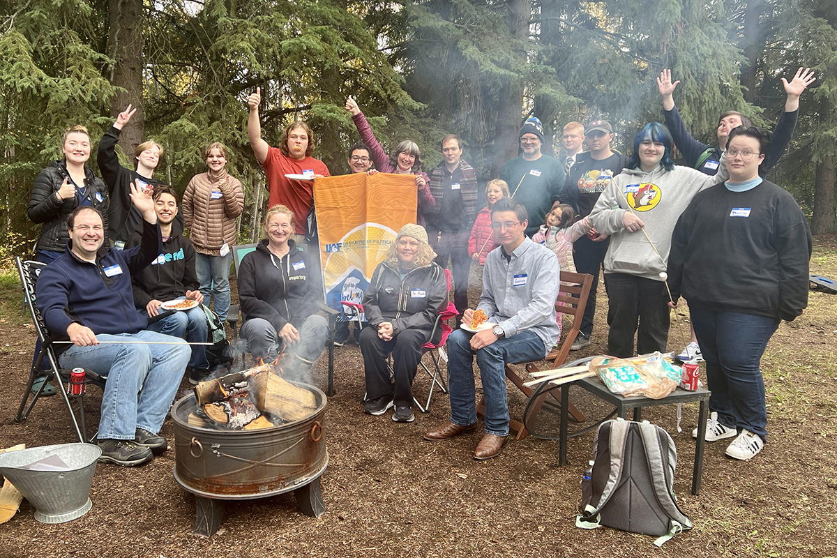 Political Science welcome back party outside of the Honors House, Fall 2024. UAF Photo courtesy of the UAF Department of Political Science