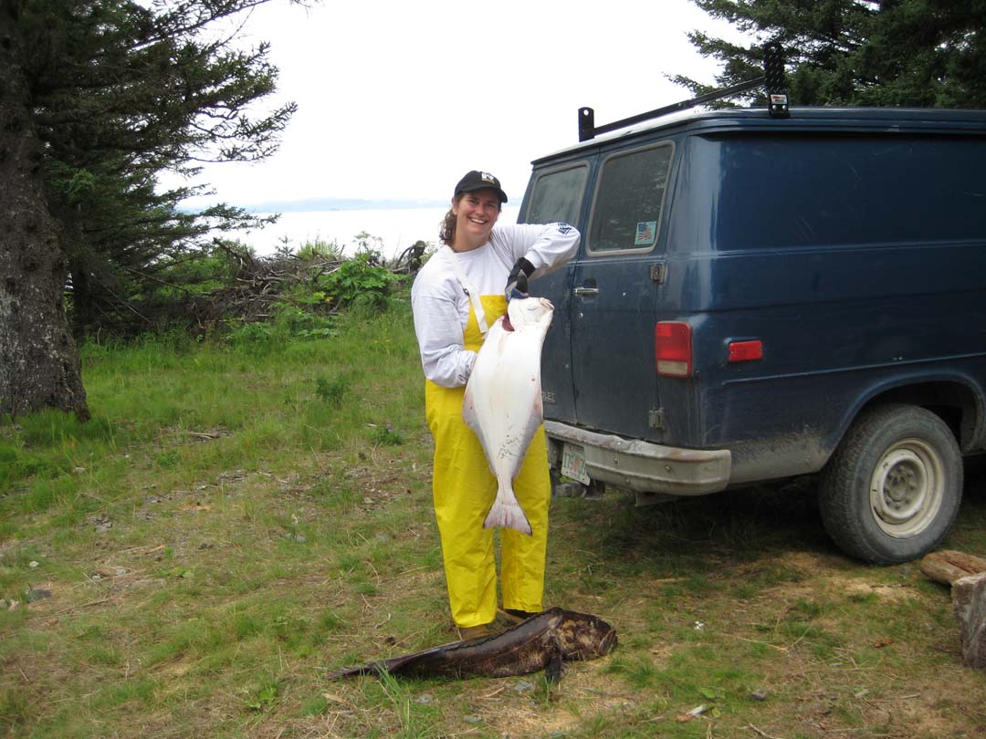 Dani Sheppard poses after catching a haibut and ling cod. Photo courtesy of Sheppard