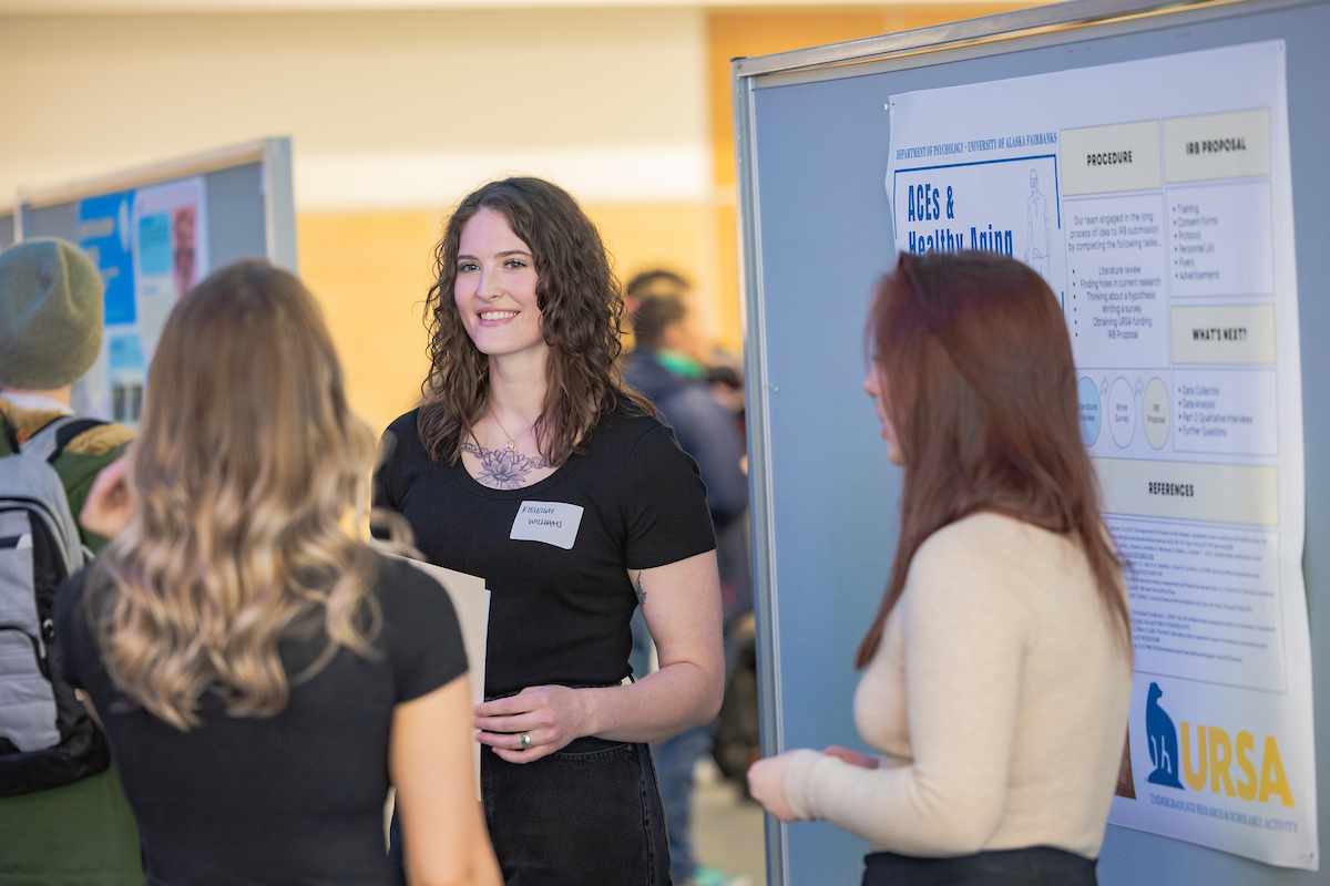 UAF students who participated in the 2024-25 URSA Grant Research year present their undergrad projects during the RCA Day event in the Great Hall of the Fine Arts Building, Tuesday, April. 1st, 2025. (UAF photo by Leif Van Cise)