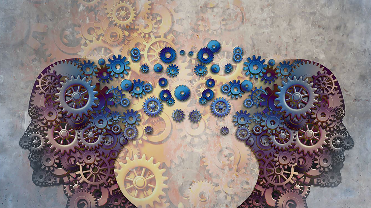 Graphic art of two silhouetted profiles of human heads facing opposite directions with gears in the background