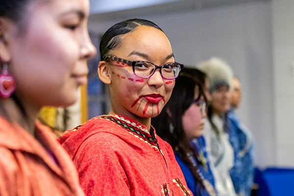 Troth Yeddha' & Iñu-Yupiaq dance groups perform in celebration of Indigenous Peoples Day in the Wood Center Multi-Level Lounge on October 14, 2024.