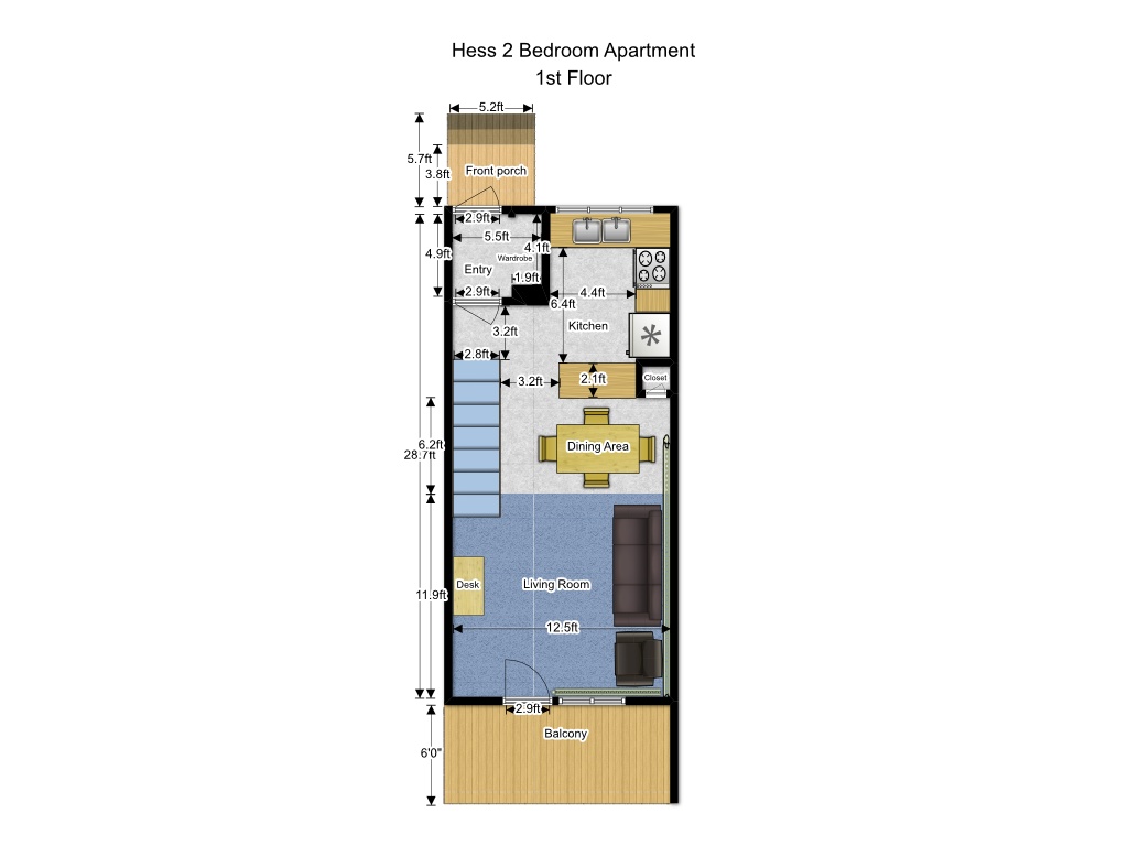 Hess 2-bedroom layout of first floor.