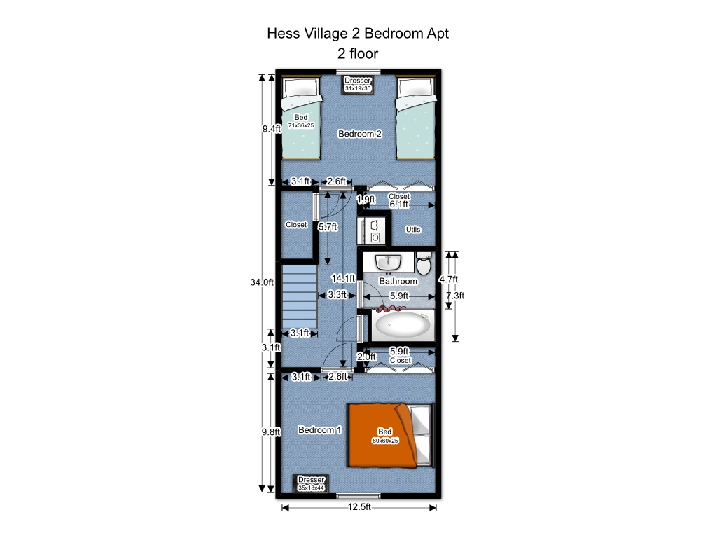 Hess 2-bedroom layout of second floor.