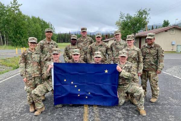 ROTC cadets with Alaska flag