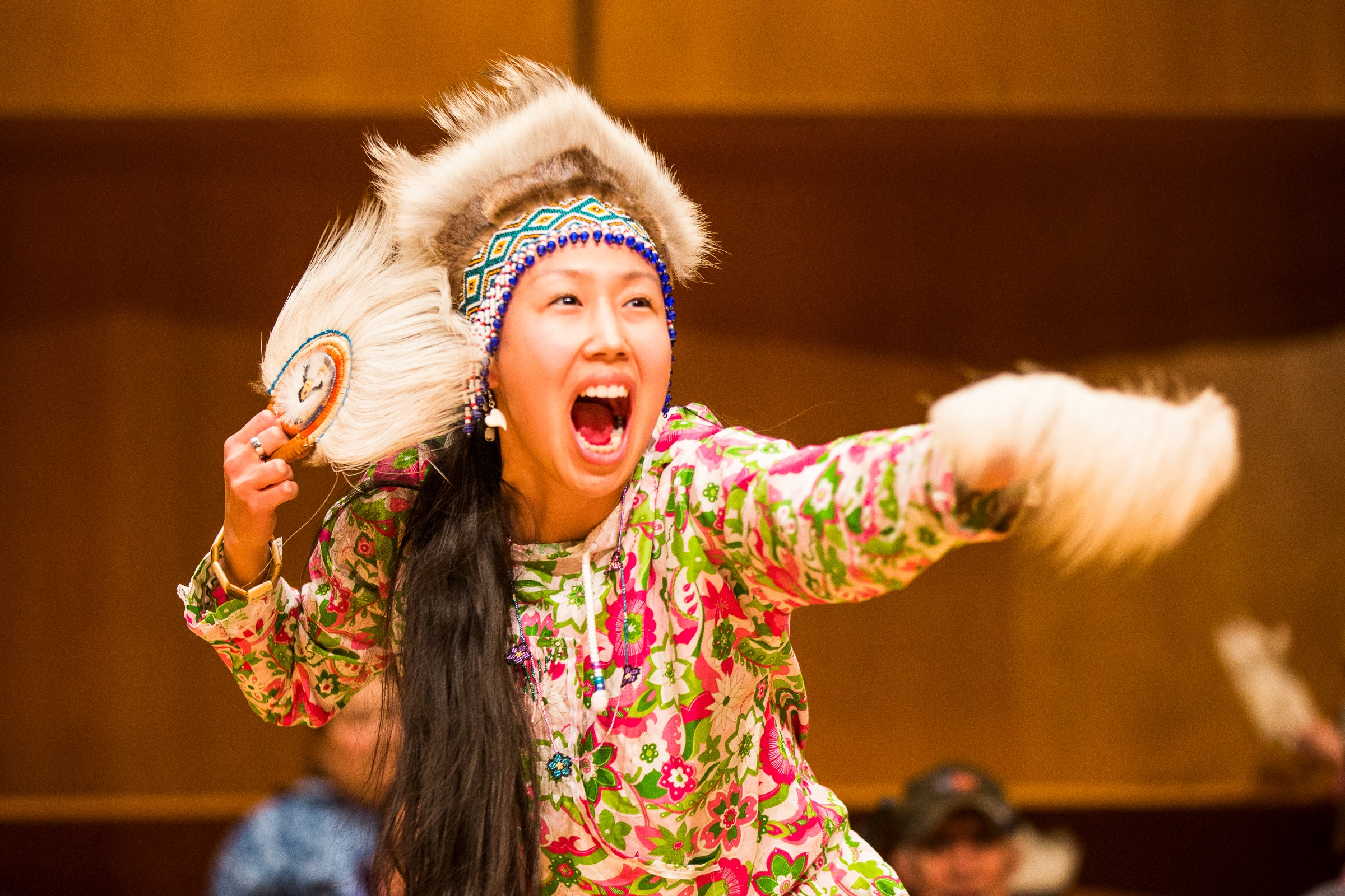 Cheri Alstrom performs with the Anchorage Yupik Dancers during the 2018 Festival of Native Arts at the Davis Concert Hall.