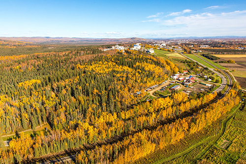 An aerial autumn view of the UAF campus