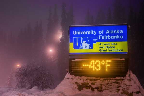 UAF time and temperature sign displaying -43F