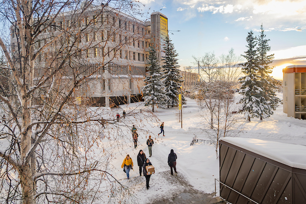 Elevated view looking down at students crossing Constitution Plaza on a winter day with Gruening Building in the background.