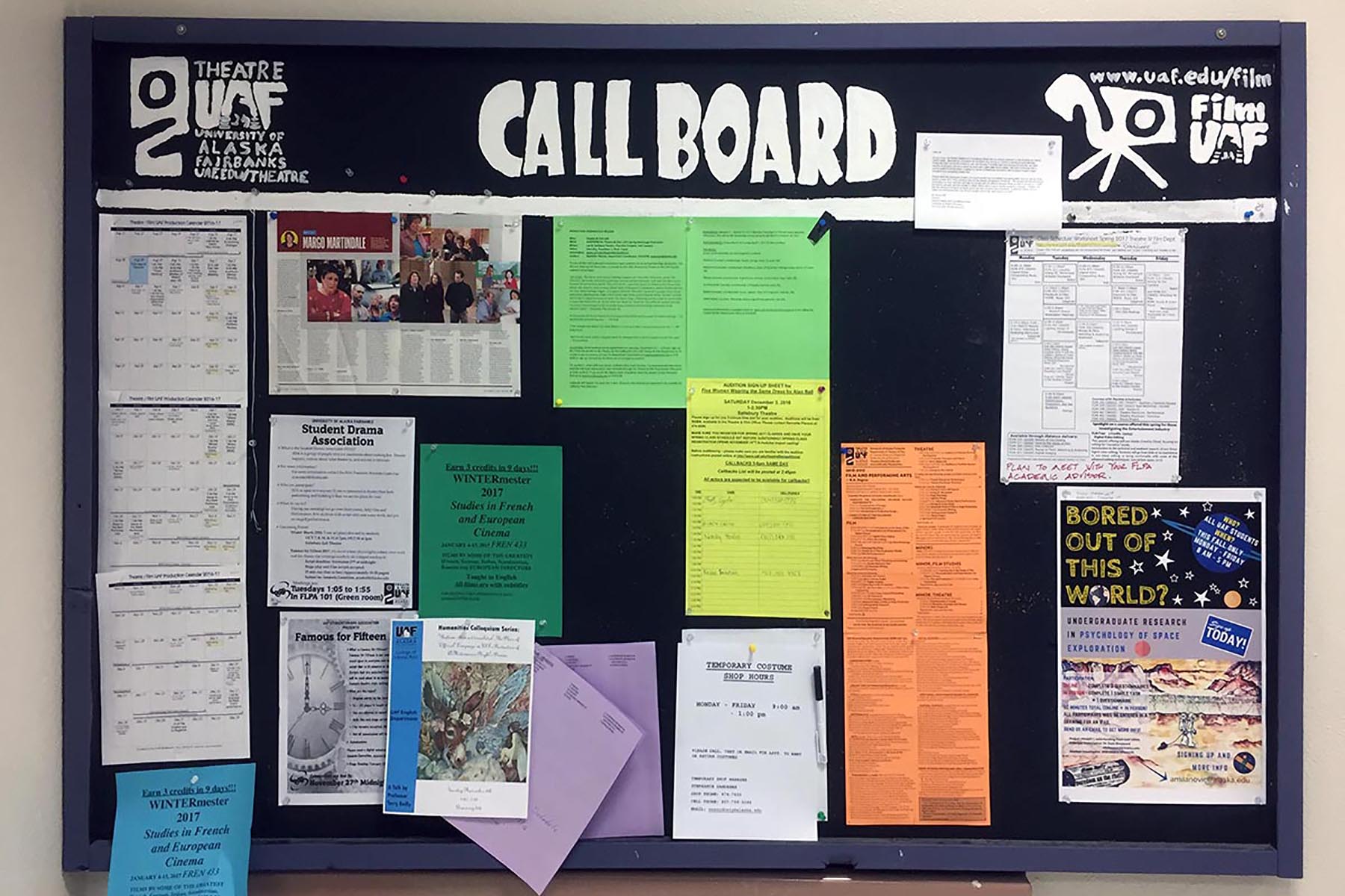 Callboard with flyers advertising upcoming auditions and events