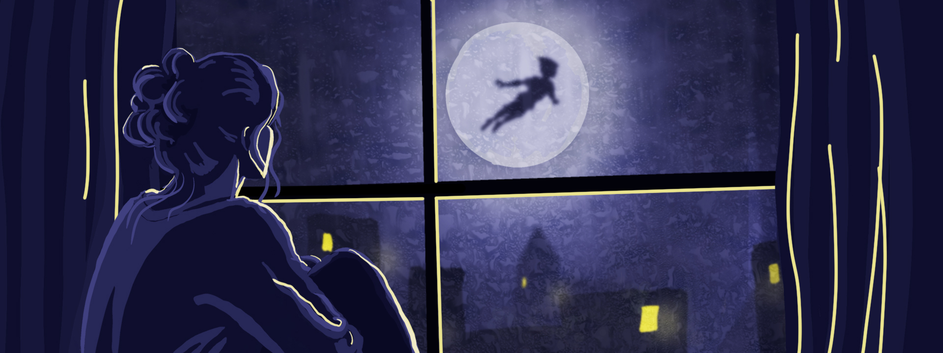 A young woman (Wendy) looks out a rainy, hazy window, watching the flying silhouette of Peter Pan crossing in front of the moon. Graphic by Kat Reichert